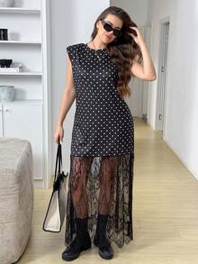 SHEIN LUNE 大尺碼女款時尚優雅波點印花蕾絲下擺拼接洋裝 - 黑與白 - 查看 1