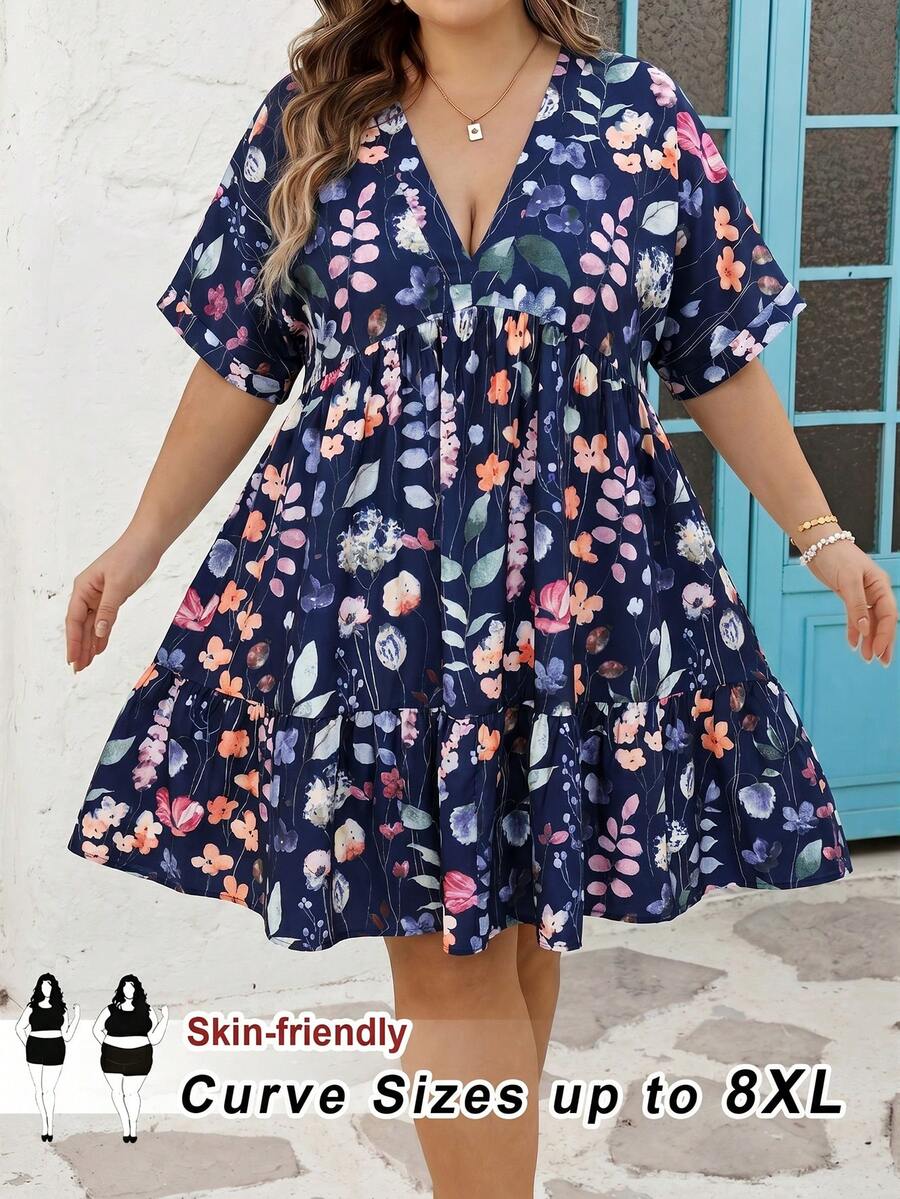 SHEIN CURVE+ 尺码 US22 适合音乐节、海滨度假、波西米亚风的女士条纹V领蝙蝠袖短袖荷叶边下摆休闲连衣裙,秋季女装,冬季,CURVE PLUS - 藏蓝色 - 查看 1