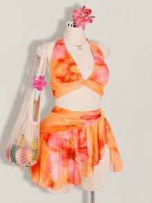 SHEIN ICON Plus Size Women's Y2k Going Out Vacation Floral Print Halter Crop Top And Low-Waist Floral Print Mini Skirt Set, Hawaii Ibiza Outfit - Orange - View 8