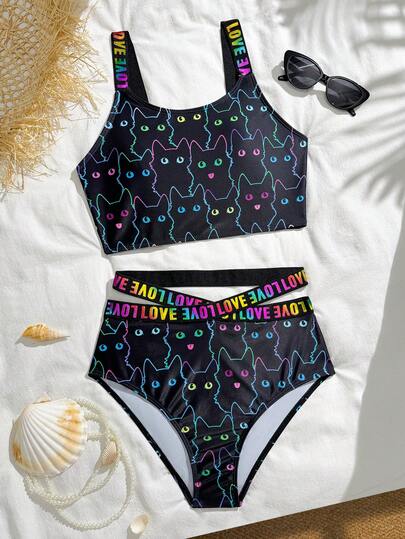 Conjunto de 2 piezas con estampado de gato colorido y decoración de cinta para adolescentes, adecuado para verano, playa, natación, traje de baño de vacaciones de 2 piezas con cintura alta para adolescentes, traje de baño de 2 piezas, traje de baño de 2 piezas para adolescentes con parte superior talla grande larga, traje de baño modesto de 2 piezas para adolescentes