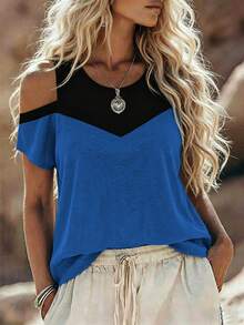 SHEIN LUNE CURVE Spring Summer Autumn Personalized Blue & Black Color Block Off-Shoulder Design Holiday Commute Casual Elegant Multi-Occasion Plus Size T-Shirt - Blue - View 1