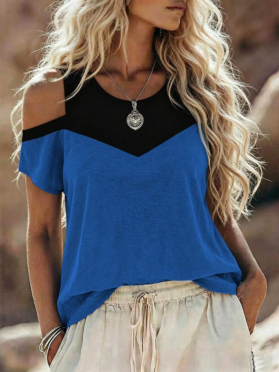SHEIN LUNE CURVE Spring Summer Autumn Personalized Blue & Black Color Block Off-Shoulder Design Holiday Commute Casual Elegant Multi-Occasion Plus Size T-Shirt - Blue - View 1