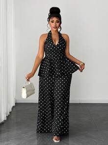 Maweii Plus Size Polka Dot Elegant 90s Commuting Fashion Versatile 2 Pieces Set Brunch Vacation Wedding Guest Black And White Summer - Black - View 3