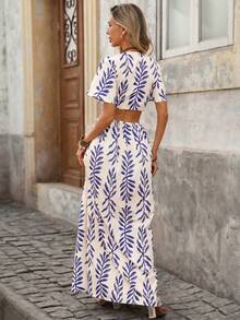 Vestido ajustado de manga corta con estampado de leopardo tejido y recorte hueco en la cintura para mujeres - Azul - Ver 2