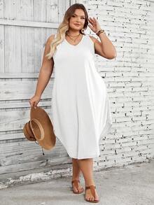 SHEIN CURVE+ 大码女式纯色弧形下摆背心连衣裙 - 白色 - 查看 4