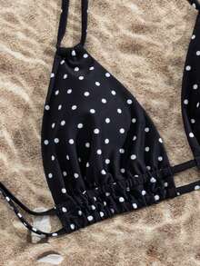 Swim Mod Conjunto de bikini de estilo de vacaciones con pantalones cortos de corte alto con estampado de lunares, escote halter y espalda sexy para mujer, ideal para playa y festivales de música en primavera/verano - Blanco y Negro - Ver 5