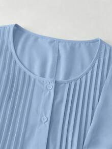 SHEIN LUNE CURVE 大码女式圆领纽扣衬衫，春夏款 - 藍色 - 查看 4