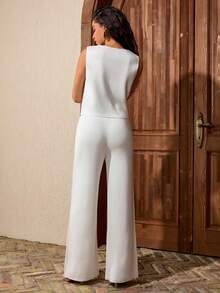 SHEIN Conjunto de chaleco y pantalón de punto con botones y bordado floral detallado para mujer - Blanco - Ver 3
