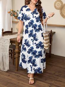 Al Najma Vestido largo holgado con estampado floral árabe elegante para mujer de talla grande, primavera/verano - Azul - Ver 7