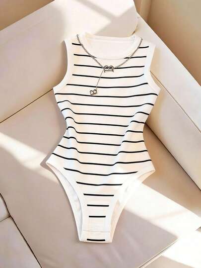 Everyssa Women's Spring/Summer Bodysuit, Women's Round Neck Camisole Bodysuit, Knit Fitted Women's Bodysuit, Striped Bodysuit, Casual Daily Wear, Women's Summer Bodysuit, Vacation Beach Bodysuit, Can Be Worn Alone Or Paired With Bottoms Sleeveless Bodysuit Woman Body Suit Bodysuits For Ladies Summer Outfits For Women