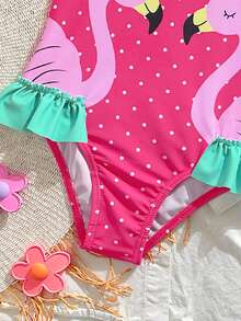 Young Girl' Cute Flamingo Print One-Piece Swimsuit, Bow Decor, Ruffle Trim, Suitable For Beach, Vacation, Summer - Multicolor - View 4