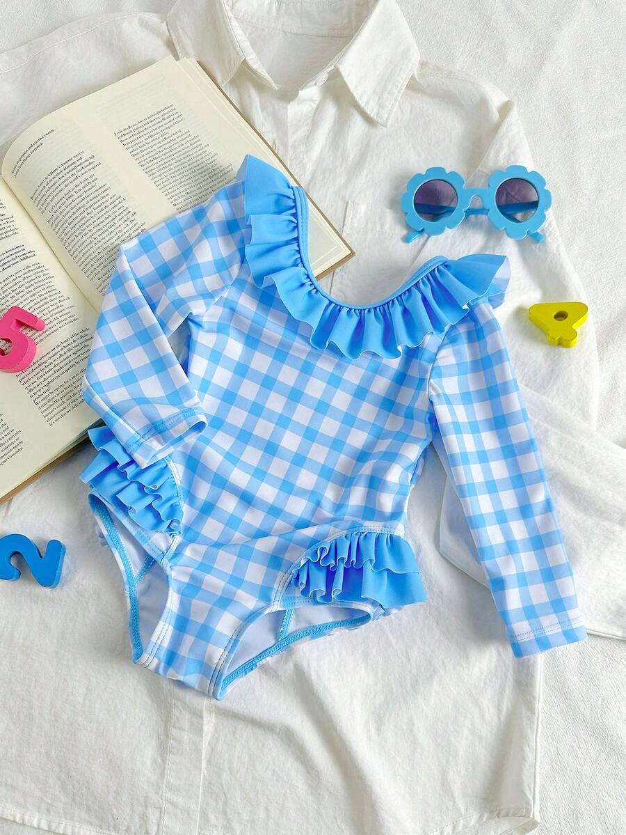 SHEIN Bộ áo tắm liền thân dài tay in họa tiết kẻ caro cho bé gái, dễ thương cho kỳ nghỉ và các hoạt động ngoài trời. - Xanh và trắng - Xem 1