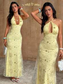 Bluhae Vestido de tirantes elegante y sexy con lentejuelas con motivos celestiales, adecuado para vacaciones/festivales de música - Amarillo - Ver 3