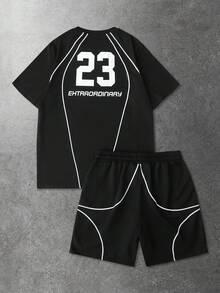 ROMWE MEN Street Life World Cup Men's Contrast Color Print Round Neck Short Sleeve T-Shirt And Shorts Set - Black - View 2