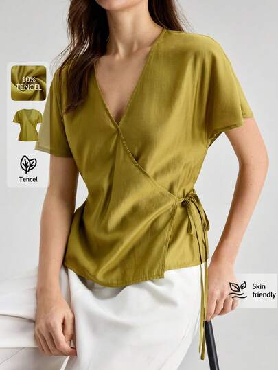 Ontre 2026SS New Summer Women's Green Cinched V-Neck Tie Strap Green Blouse, Women's Elegant Graduation Dress, Vacation Dress, Beach Music Festival Dress, Women's Graceful Formal  Casual Blouse For Women  Vacation Outfits Women  Women's Social Blouse