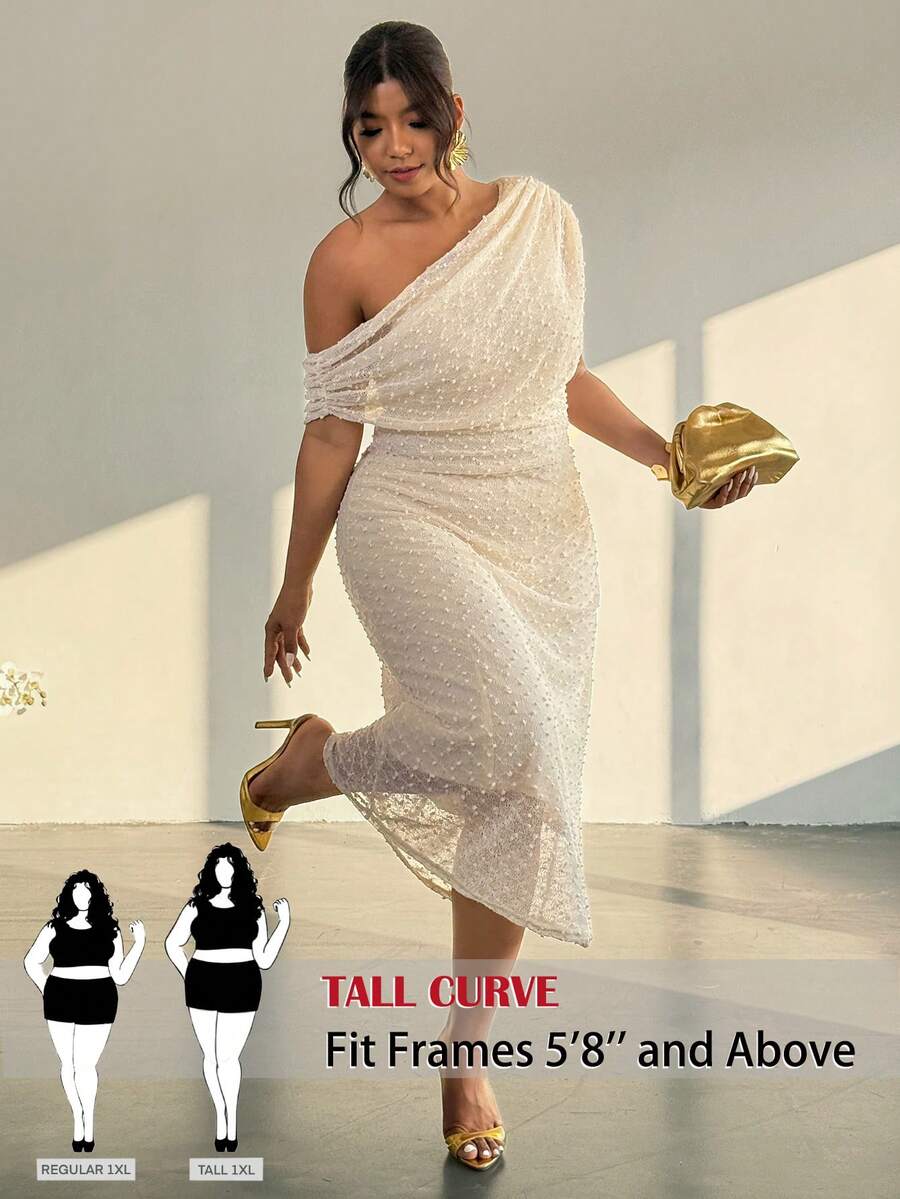 SHEIN Tall CURVE Plus Size Beige Summer Elegant Bachelorette Party Cocktail Wedding Guest Asymmetric One-Shoulder Ruffle Waist Knit Bodycon Dress Versatile Graduation - Apricot - View 1