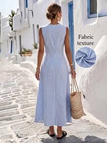 SHEIN LUNE Women's Summer Blue And White Stripe Round Neck Waist Gathered Maxi Dress,Elegant Holiday Vacation Holiday,Casual Resort Style Street Outfit - Blue and White - View 2
