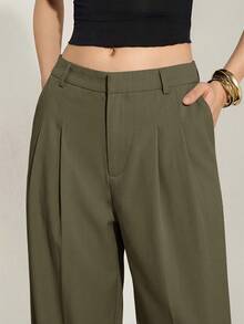 Tall Pantalones anchos de cintura alta plisados de estilo empresarial sexy y casual - Pantalones sueltos de unicolor elegante, ropa profesional de oficina, pantalones de trabajo con co - Verde militar - Ver 9