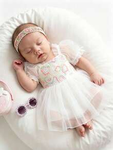 SHEIN White Color Newborn Girl Lace Dress For Photo Shooting Wedding Dresses 0-3 Month Baby Girl Puff Sleeve Photography Outfits With Headband - Multicolor - View 4