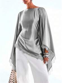 LYSMO Blusa holgada de mujer con mangas acampanadas, de unicolor satinado con encaje de contraste, para primavera/otoño - Gris - Ver 5