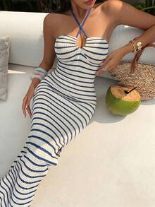 Sunnyshic Women's Striped Bandeau U-Neck Tie-Up Waist Slim Sexy Summer European And American Beach Party Vacation Dress - Blue - View 6
