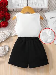 SHEIN Playful Pals Baby Girls' Cute Design Set, Spring/Summer Sleeveless Top With 3D Floral Decor + Contrast Ruffle Hem Shorts, 2pcs Set For Casual, Party, Gathering - White - View 4