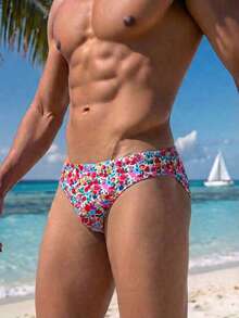 2026 New Summer Men's White Floral Boho Casual Beach Holiday Pool Party Triangle Swim Trunks,Plus Size Floral Print Swimwear Bathing Suits Briefs - Multicolor - View 1