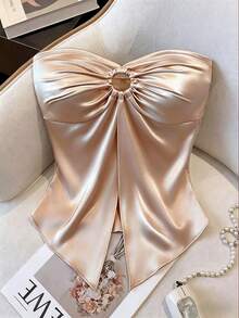 Qadelle Áo kiểu nữ bằng vải satin màu sâm panh, thiết kế khoét rỗng, thanh lịch và duyên dáng, thích hợp làm quà sinh nhật, hẹn hò, dự tiệc, ngày Valentine, lễ hội hóa trang, lễ hội âm nhạc, tiệc cocktail, trang phục năng động, du lịch, kỳ nghỉ, chụp ảnh đường phố, trang phục mùa hè. - Rượu sâm banh - Xem 1