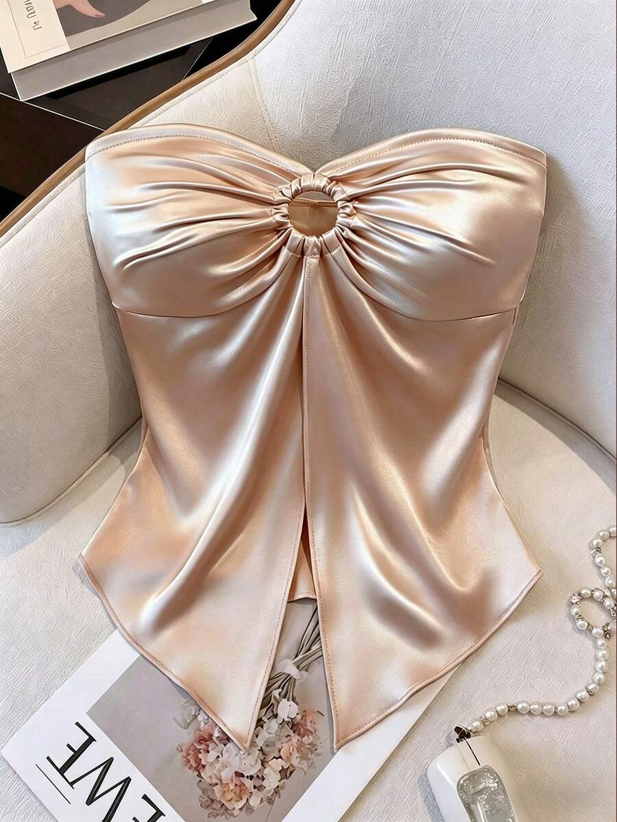 Qadelle Áo kiểu nữ bằng vải satin màu sâm panh, thiết kế khoét rỗng, thanh lịch và duyên dáng, thích hợp làm quà sinh nhật, hẹn hò, dự tiệc, ngày Valentine, lễ hội hóa trang, lễ hội âm nhạc, tiệc cocktail, trang phục năng động, du lịch, kỳ nghỉ, chụp ảnh đường phố, trang phục mùa hè. - Rượu sâm banh - Xem 1
