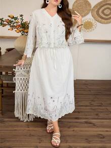 Lacomfia Plus Size 3/4 Sleeve Embroidered & Printed A-Line Skirt Set, Elegant Casual Resort Wear For Women - Apricot - View 3