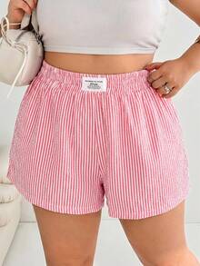SHEIN EZwear 夏季大码女式休闲腰带扣条纹短裤 - 紅白色 - 查看 4