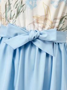 Vestido midi elegante de manga corta para niña preadolescente/adolescente, con estampado floral y mangas con volantes, decoración de lazo en la cintura, vestido de línea A, vestidos de vacaciones - Azul - Ver 7