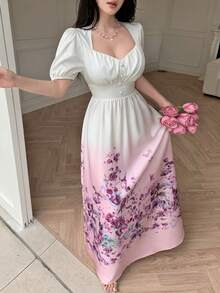 Celisse Square Neck Pearl Button Puff Sleeve Elastic Waist Floral Print Dress For Women - Multicolor - View 4