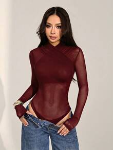 SHEIN PETITE 女士性感纯色网纱裹身连体衣，透视长袖上衣，长袖网纱上衣，黑色透视上衣，黑色网纱上衣，秋季款，黑色连体衣 - 酒紅色 - 查看 7