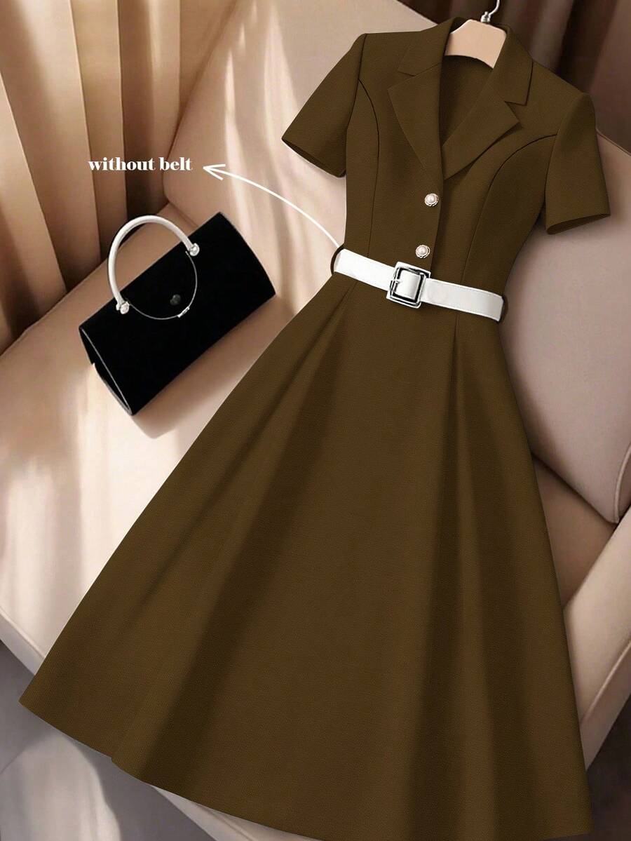 Franclia 咖啡棕色優雅高雅女款夏季辦公中長洋裝,竹結布料前襟金屬珍珠蘑菇鈕扣附腰帶套裝 - 咖啡棕 - 查看 1