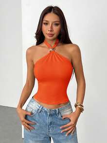 SHEIN PETITE Áo kiểu nữ màu trơn, đính kim loại, ôm sát, cổ yếm, thích hợp cho các buổi hòa nhạc, lễ hội. - trái cam - Xem 8