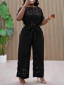 SHEIN Clasi Plus Size Women's Solid Color Cutout Design Round Neck Knotted Waist Elegant Jumpsuit - Black - View 3