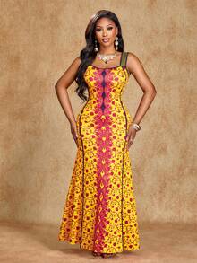 Brilight Vestido elegante y sexy para mujer, vestido sin mangas de cuello en V, ropa tradicional sudafricana, atuendo para fiestas y té de la tarde, estampado artístico, colores de moda de primavera y verano, vestido para sesión fotográfica artística, ropa para festival de música, ropa de verano para mujer - Amarillo - Ver 5