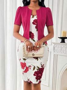 SHEIN Lady 春夏优雅蓝色日常通勤连衣裙，适合女士参加派对、新年、舞会、生日等场合，商务休闲，情人节时尚派对商务女性优雅通勤纯色泡泡袖上衣搭配印花修身无袖连衣裙套装两件套 - 彩色 - 查看 3