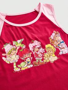 Strawberry Shortcake | ROMWE Spring / Summer Plus Size Summer Casual Contrast Color Cartoon Pattern Round Neck Tank Top - Red - View 3