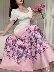 Celisse Square Neck Pearl Button Puff Sleeve Elastic Waist Floral Print Dress For Women - Multicolor - View 3