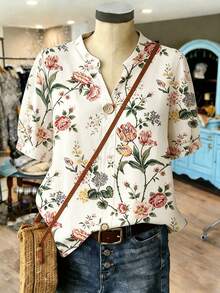 Linhara Plus Size Summer Elegant Floral Print Notch Neck Short Sleeve Blouse - Apricot - View 1