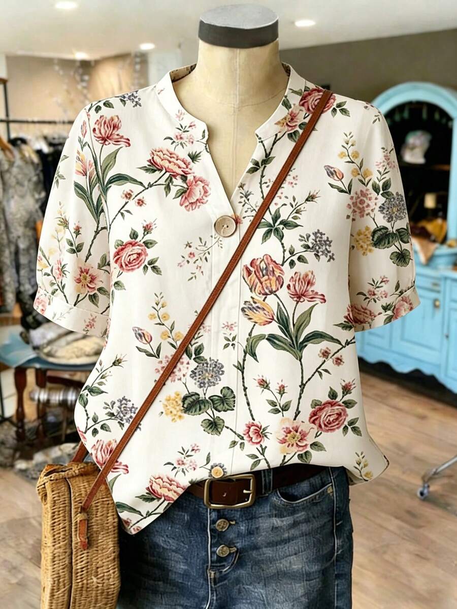 Linhara Plus Size Summer Elegant Floral Print Notch Neck Short Sleeve Blouse - Apricot - View 1