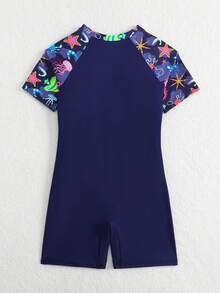 SHEIN 1 bộ đồ bơi mùa hè màu xanh navy cho bé gái. Họa tiết động vật đại dương, khóa kéo phía trước, thích hợp để bơi - Màu xanh hải quân - Xem 2