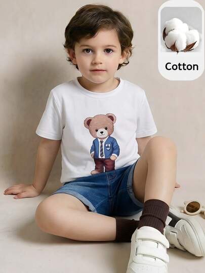 PrepCrw 1 pieza Camiseta de manga corta con cuello redondo y gráfico de oso lindo para niños pequeños, de estilo casual y elegante, apropiada para uso casual, salidas, reuniones, vacaciones, primavera y verano
