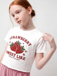 Maija Kids Maija Kids 2件組青少年女孩可愛草莓字母圖案T恤與粉色長褲套裝，夏季家庭套裝休閒端莊時尚校園機場穿搭 - 彩色 - 查看 6