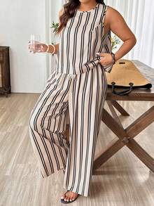 Weeklong Plus Size Women Striped Round Neck Top And Wide Leg Pants Casual 2 Pieces Set - Multicolor - View 7
