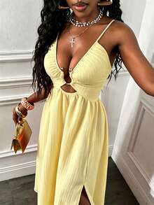 Glyssa Women's Spaghetti Strap Backless Criss-Cross Front Chest Hollow U-Shape Buckle Ruched Hem High Slit Dress Vacation Pale Yellow Summer - Light Yellow - View 4