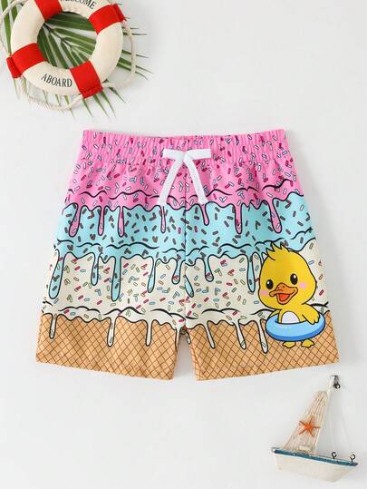 Young Boys Swimwear, Casual Simple Yellow Duck Print Woven Fabric Waist Bow Decor Beach Shorts, Suitable For Vacation, Beach Party, Summer