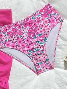 SHEIN Conjunto de bikini con estampado floral para niñas preadolescentes, de tela de punto, con parte superior e inferior triangular, elegante y adecuado para nadar, vacaciones y verano - Multicolor - Ver 5